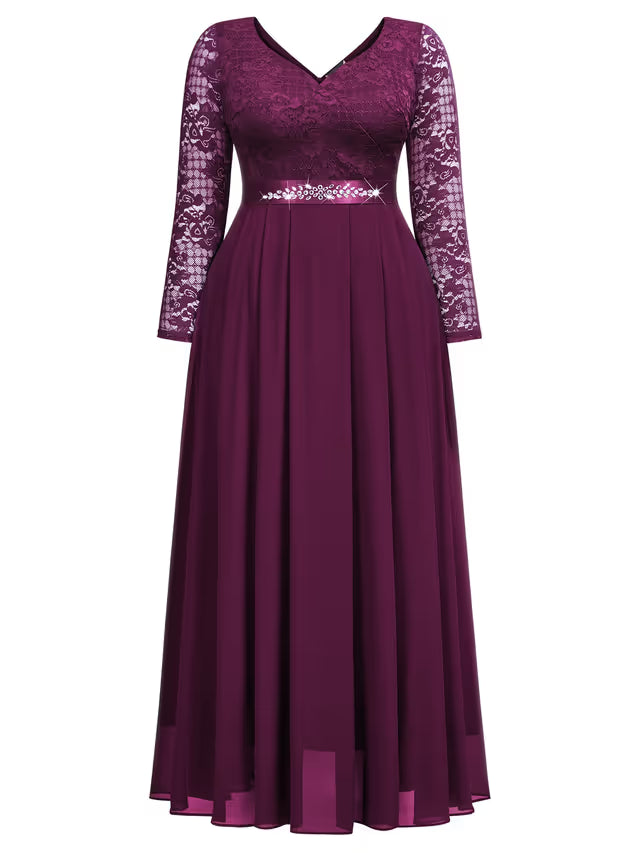 Plus Size Floral Lace Chiffon Maxi Dress Rhinestone Waist – Maroon 2XL