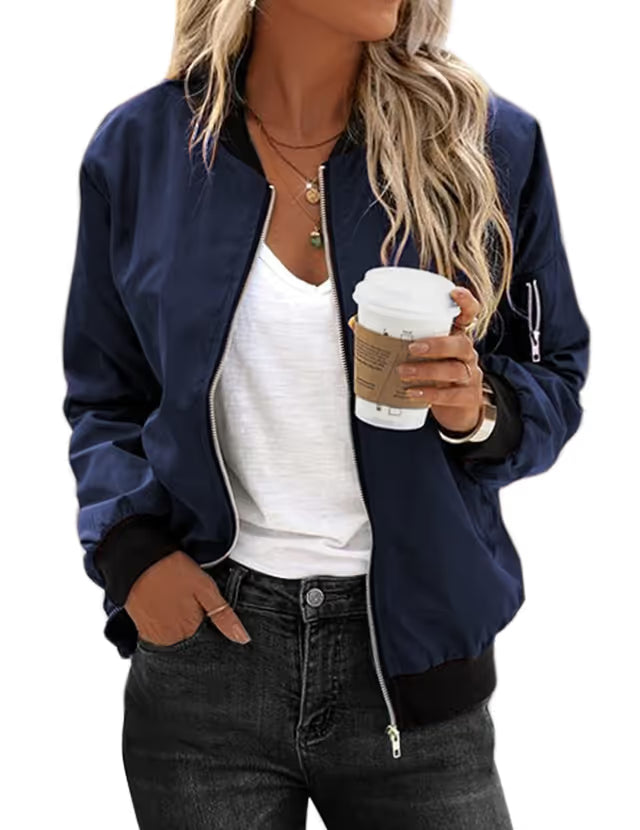 Zeagoo Jackets For Women UK Lightweight Casual Bomber Jacket Long Sleeve Windbreaker Zip Up Solid Coat with 2 Pockets Navy Blue L
