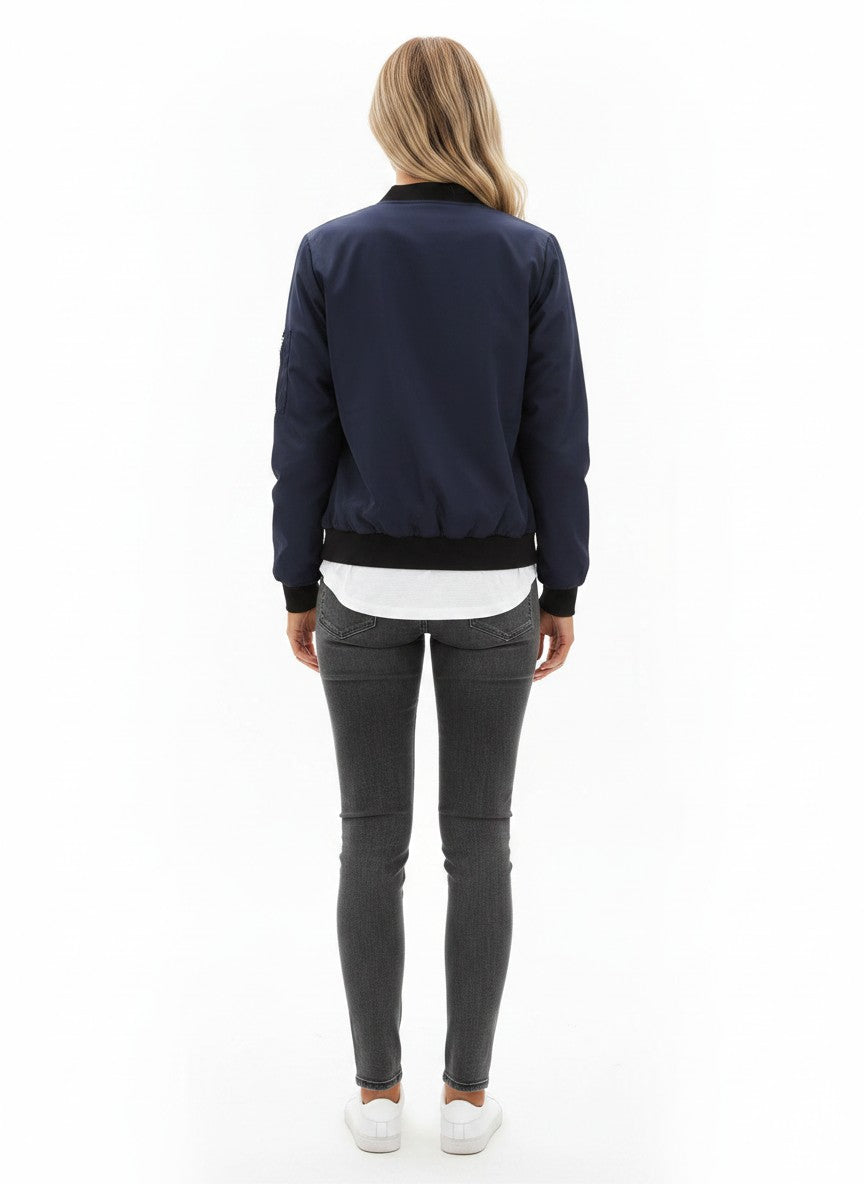 Zeagoo Jackets For Women UK Lightweight Casual Bomber Jacket Long Sleeve Windbreaker Zip Up Solid Coat with 2 Pockets Navy Blue L