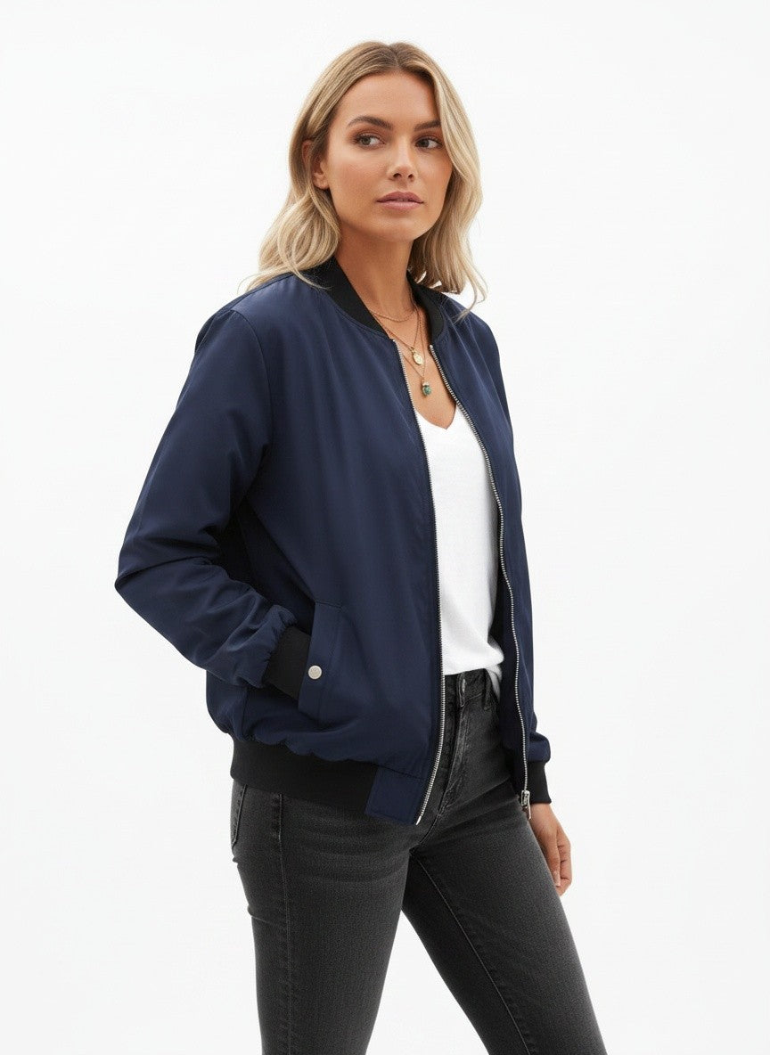 Zeagoo Jackets For Women UK Lightweight Casual Bomber Jacket Long Sleeve Windbreaker Zip Up Solid Coat with 2 Pockets Navy Blue L