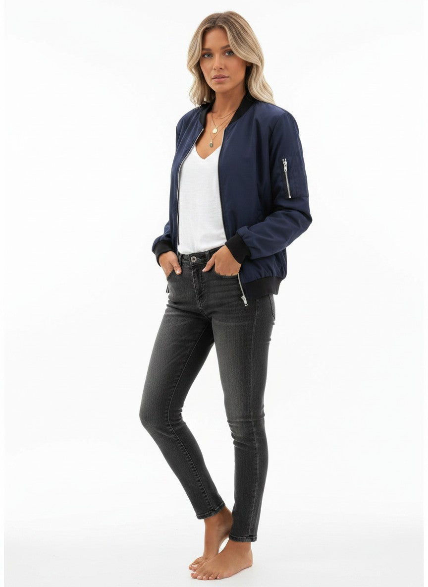 Zeagoo Jackets For Women UK Lightweight Casual Bomber Jacket Long Sleeve Windbreaker Zip Up Solid Coat with 2 Pockets Navy Blue L