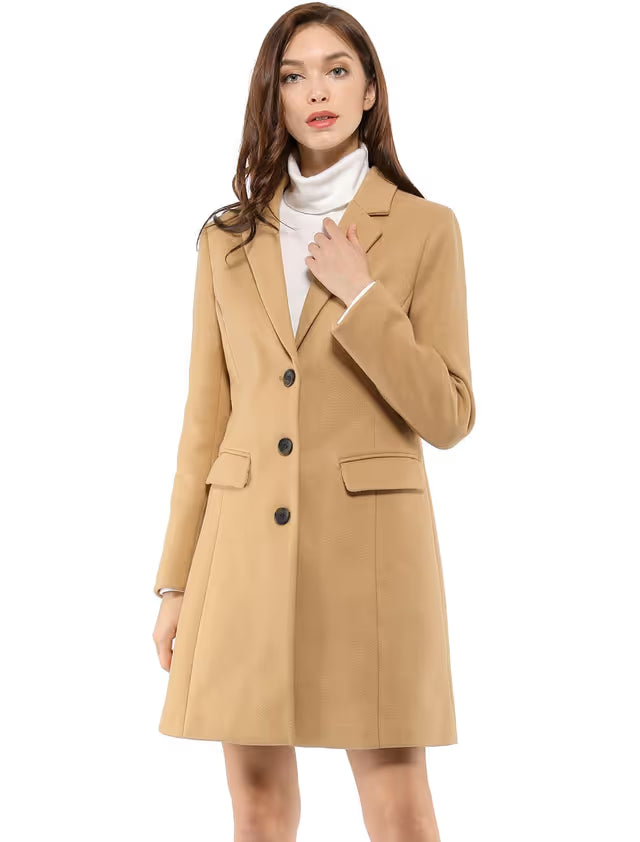 Allegra K Women's Notched Lapel Single Breasted Outwear Winter Coat Browns M