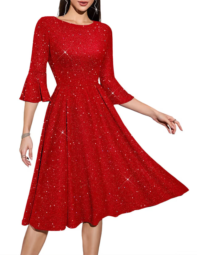 Sequined Midi Prom Dress A-line Modest Bridesmaid Cocktail – Glitter Red M