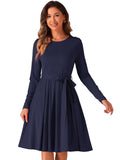 Long Sleeve A-line Dress Ruffle Waist Crew Neck – Dark Blue XL