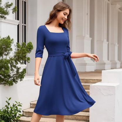 Tea-Length Wedding Guest Dress Vintage Formal with Sleeves A-line – Royal Blue S