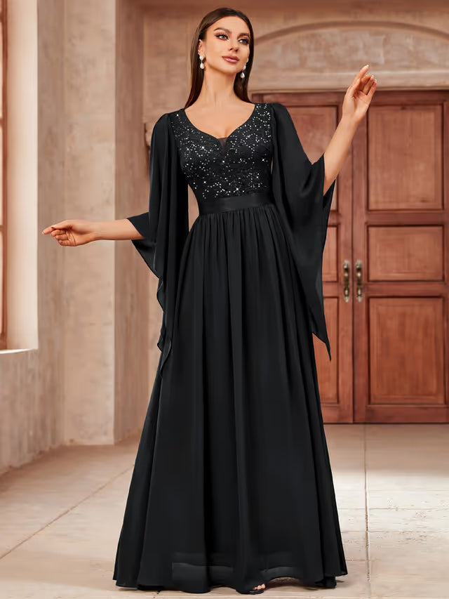 Women’s Sequin Insert Lace Chiffon Evening Maxi Dress Deep V Flare Sleeve – Black XXL