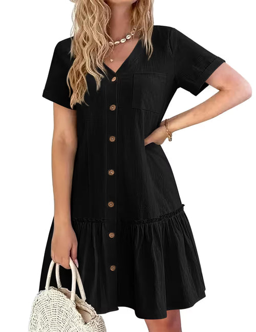 Women's Cotton Linen Button-Down Dress V-Neck Ruffle Hem Casual Summer – Black M