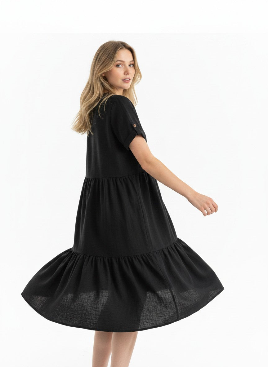 Women's Cotton Linen Button-Down Dress V-Neck Ruffle Hem Casual Summer – Black M