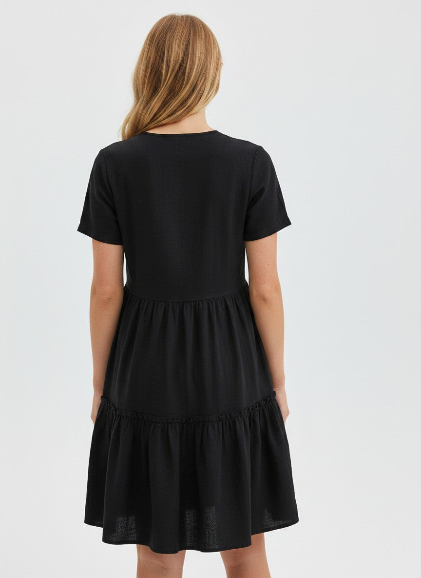Women's Cotton Linen Button-Down Dress V-Neck Ruffle Hem Casual Summer – Black M