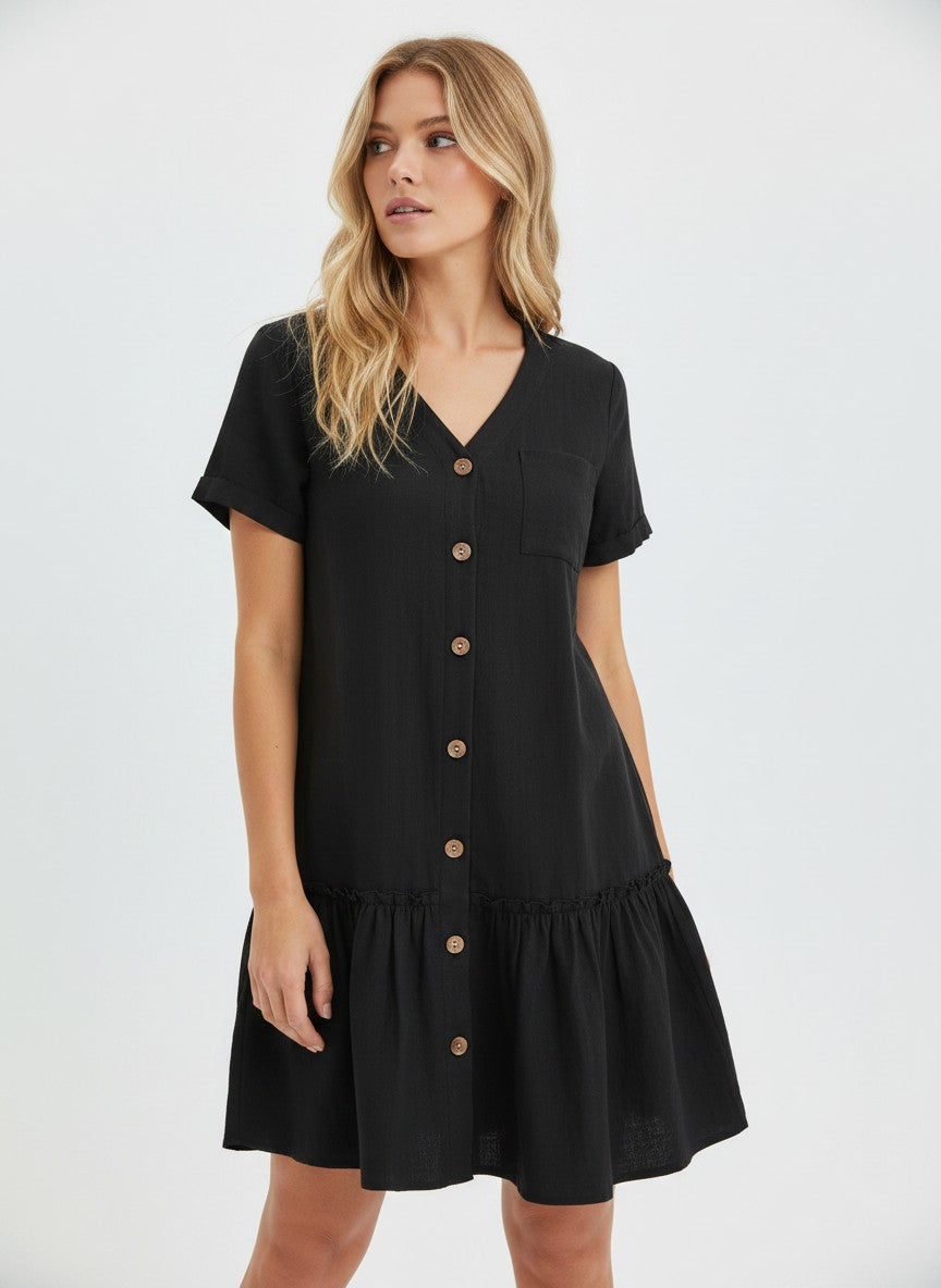 Women's Cotton Linen Button-Down Dress V-Neck Ruffle Hem Casual Summer – Black M