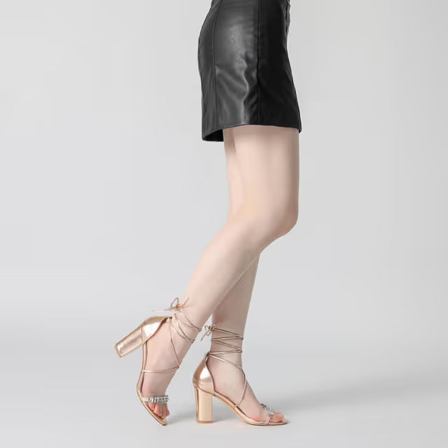 Crystal Rhinestone Lace-Up Open Toe Chunky Heel Sandals