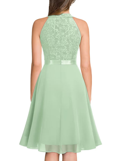 Floral Lace Sequin Halterneck Swing Dress with Belt – Mint Green M