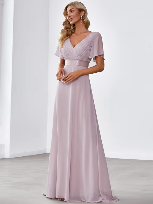 Ever-Pretty Double V-Neck Chiffon Bridesmaid Dress Empire Waist Short Flutter Sleeves – Lilac UK12