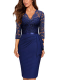 Women's Lace V-Neck 3/4 Sleeve Bodycon Cocktail Dress – Navy Blue M