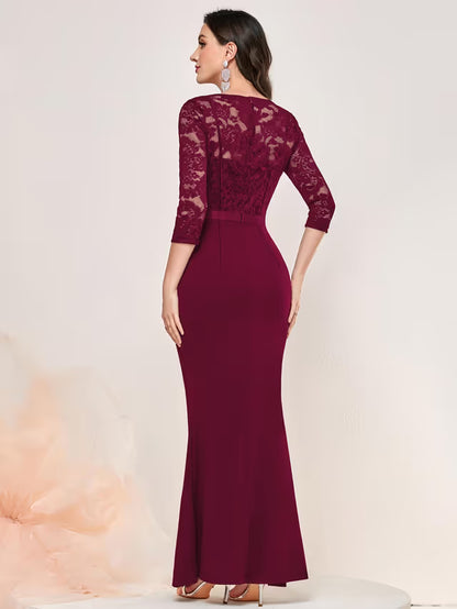 Women's Long Evening Dress Floral Lace Ruffle 3/4 Sleeves – Burgundy XL