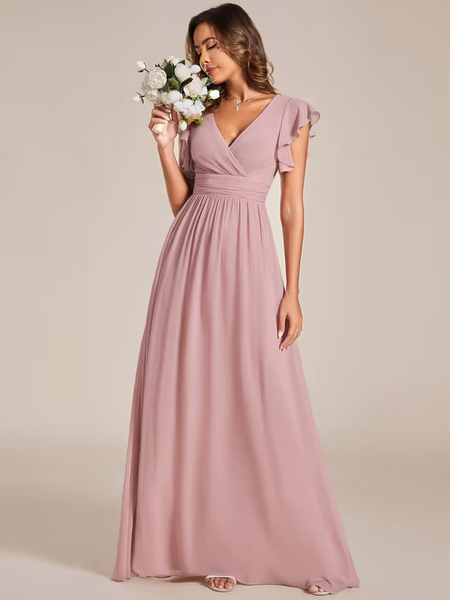 Women’s Chiffon A-Line Bridesmaid Dress Ruffle Sleeve – Dusty Rose UK 8