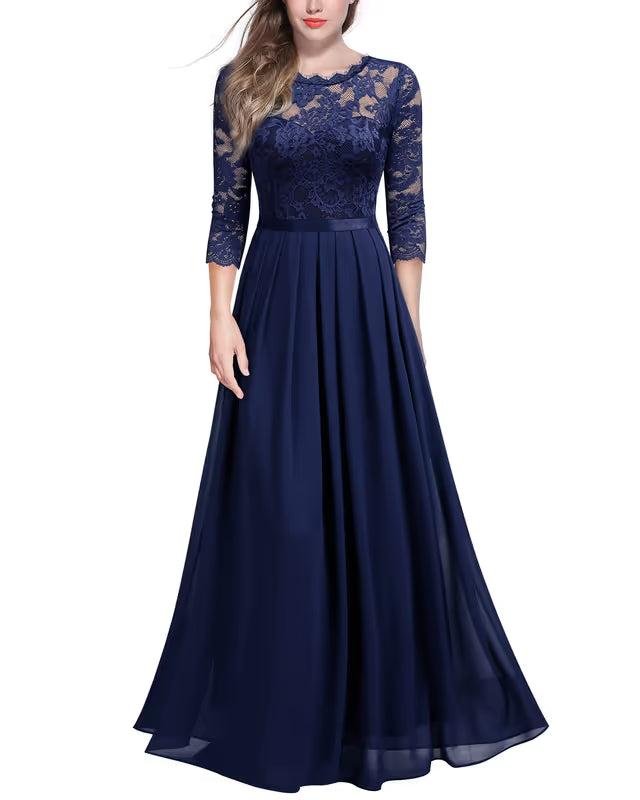 Women's Retro Floral Lace 3/4 Sleeve Maxi Dress – Navy Blue L