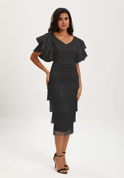 Ladies Fringe Tiered V-Neck Maxi Bodycon Dress – Black XL