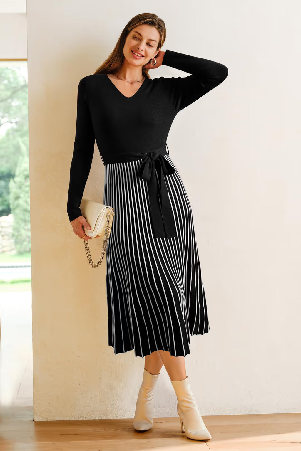 Arach&Cloz Knitted V-Neck Striped Dress Women's Size XL Black White Long Sleeve