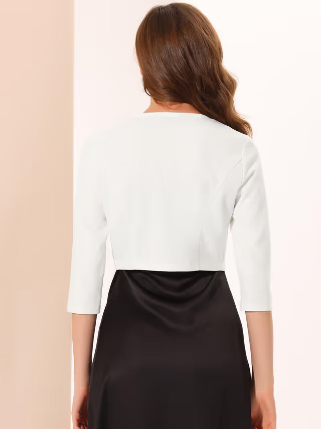 Women's Pleated Shrug Top Collarless 3/4 Sleeve Open Front Crop – White XS