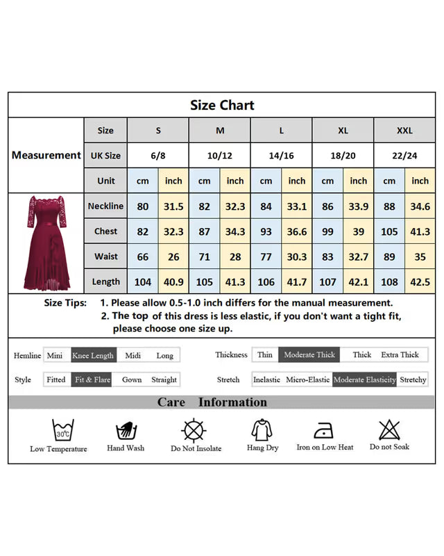Women's Off-Shoulder Lace Chiffon Midi Dress 2/3 Sleeve Double Hem – Dark Green XL