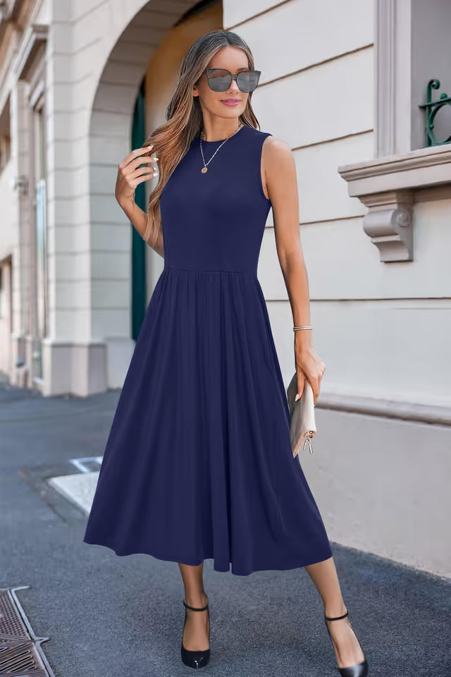Ladies Summer Midi Sundress Casual Work Dress with Pockets – Navy Blue L
