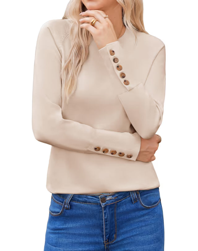 Women's Crew Neck Knit Jumper Long Sleeve Casual – Beige M