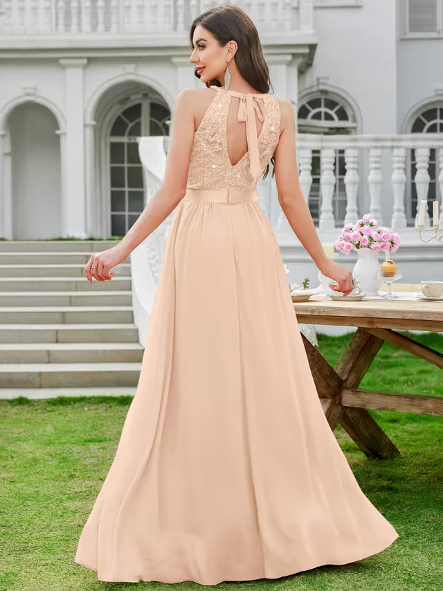 Women’s Halter Neck Maxi Dress Lace & Sequin – Champagne XXL