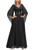 Women’s Sequin Insert Lace Chiffon Evening Maxi Dress Deep V Flare Sleeve – Black XXL
