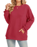 Women's Crew Neck Sweatshirt Kangaroo Pocket Pullover – Red S