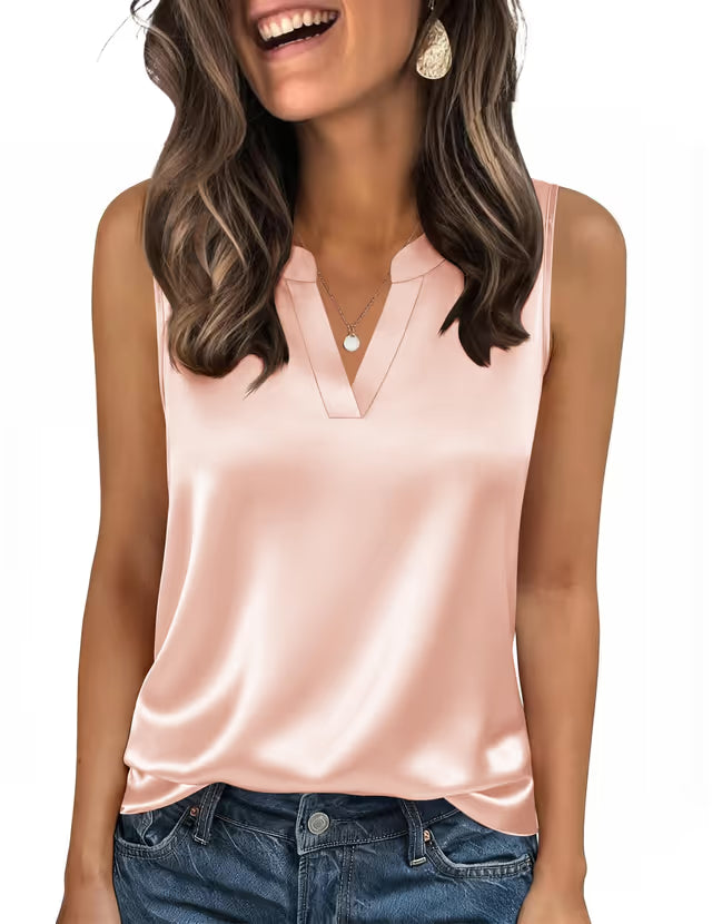 Satin Tank Top V-Neck Elegant Sleeveless Cami Casual – Pink L