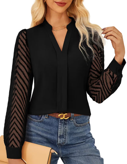 Women's Long Sleeve V-Neck Blouse Autumn Winter Elegant – Black M