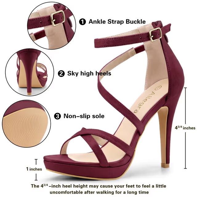 Women's Stiletto Ankle Strap Platform Sandals Zipper – Burgundy UK4 (US6)