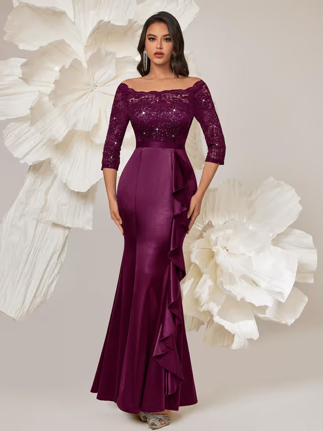 Women's 3/4-Sleeve Lace Sequin Ruffle Fishtail Maxi Dress – Maroon L