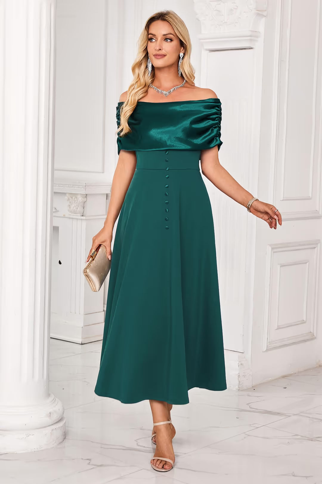 Newshows Off Shoulder Elegant Ruched Swing Dress Women Size Medium Green Zipper