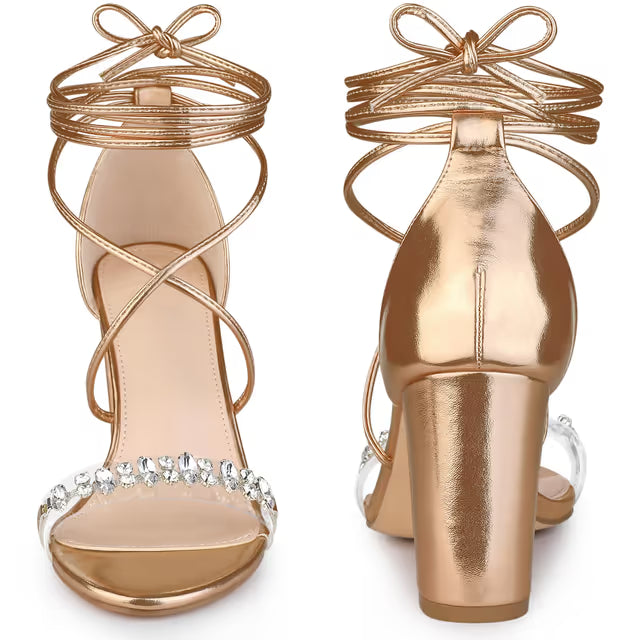 Crystal Rhinestone Lace-Up Open Toe Chunky Heel Sandals