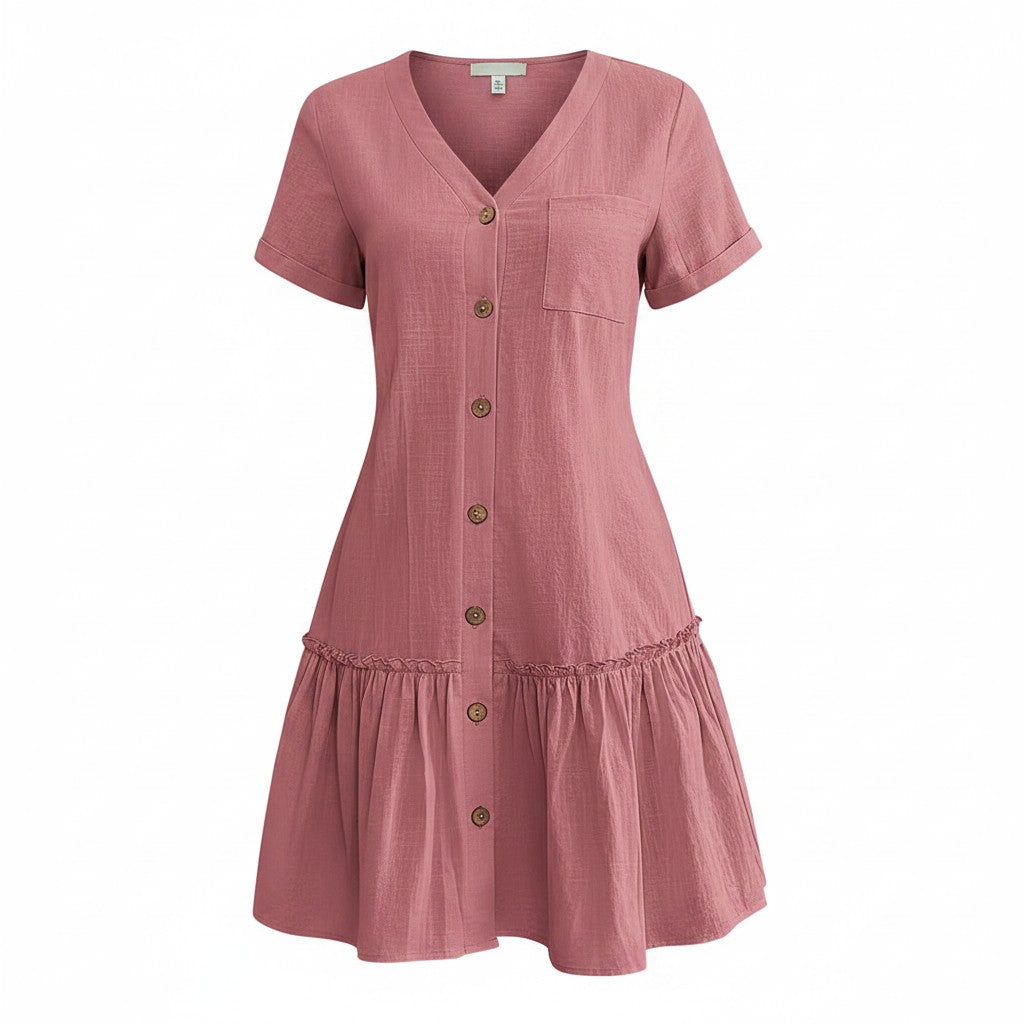 HOTOUCH Women’s Linen Button Down Knee Length Dress – Pink XL