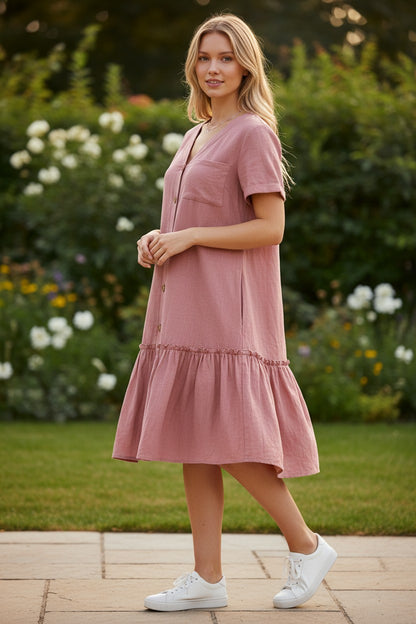 HOTOUCH Women’s Linen Button Down Knee Length Dress – Pink XL