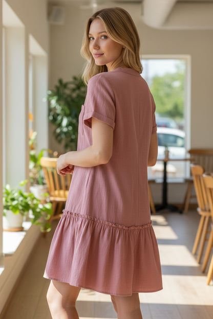 HOTOUCH Women’s Linen Button Down Knee Length Dress – Pink XL