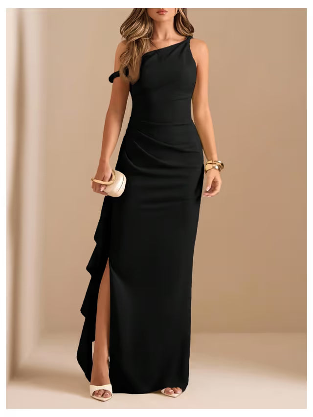 Evening Maxi Dress Off‑Shoulder Twist Strap Ruffled Slit – Black Medium