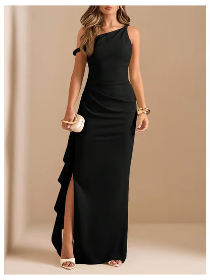 Evening Maxi Dress Off‑Shoulder Twist Strap Ruffled Slit – Black Medium