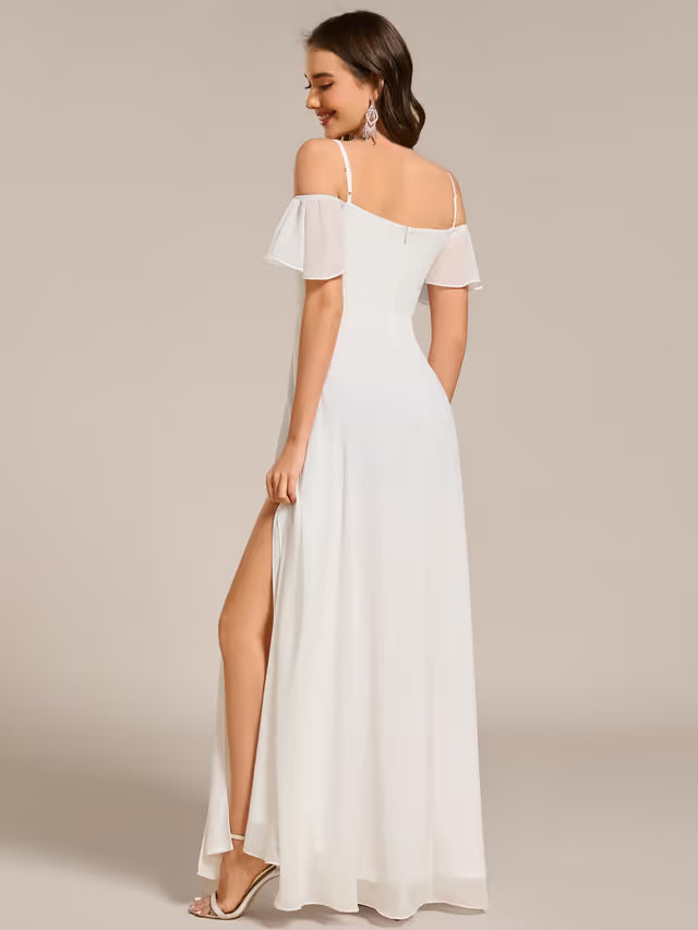 Ever-Pretty Women's Off-Shoulder Chiffon Bridesmaid Dress Empire Waist Side Slit - White UK14