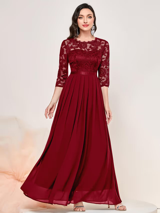 Retro Floral Lace 3/4 Sleeve Bridesmaid Maxi Dress – Red XX‑Large