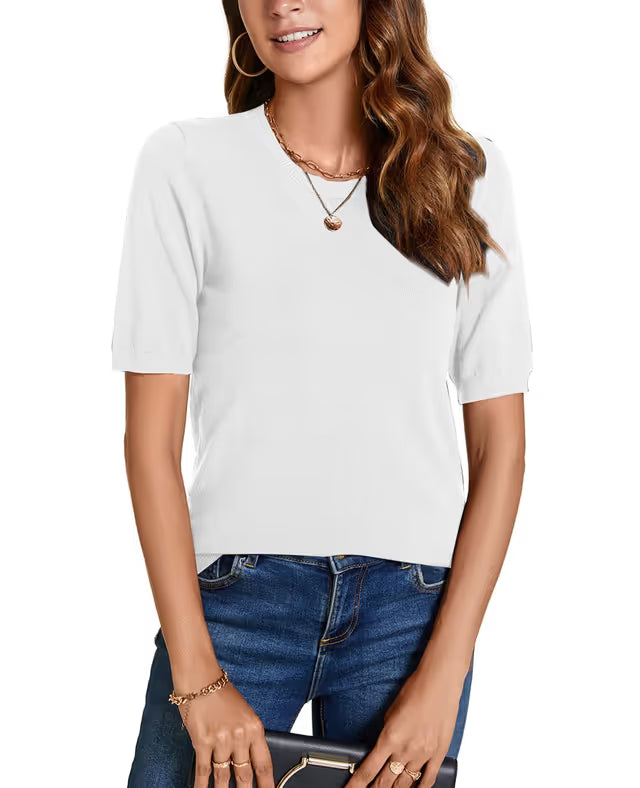 Women’s Summer Knit Sweater Short Sleeve Crew Neck Pullover – White
