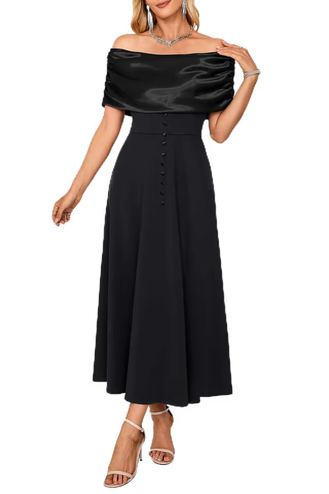 Women's Off-Shoulder Cocktail Dress Ruched Swing Bridesmaid – Black S