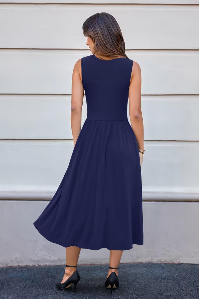 Ladies Summer Midi Sundress Casual Work Dress with Pockets – Navy Blue L