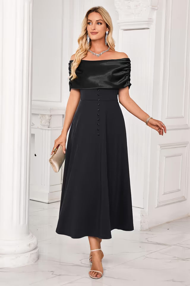 Women's Off-Shoulder Cocktail Dress Ruched Swing Bridesmaid – Black S