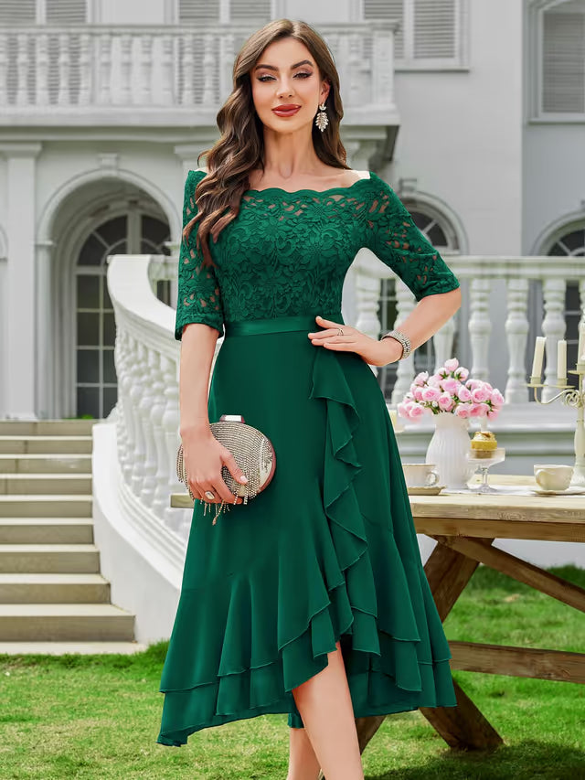 Women's Off-Shoulder Lace Chiffon Midi Dress 2/3 Sleeve Double Hem – Dark Green XL