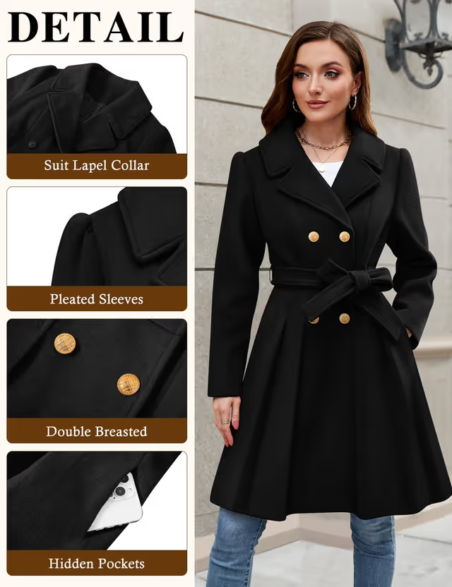 Vancavoo Double-Breasted Winter Coat Women's Size XL Black Belted Long Sleeve