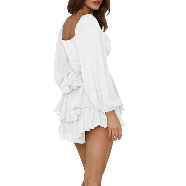 Mini Romper Dress Women's Size Medium White Lantern-Sleeves Square Neck Ruffled